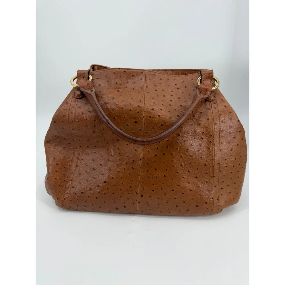 GILI Ostrich Embossed Leather Satchel Handbag Cognac Brown Gold Tone Hardware